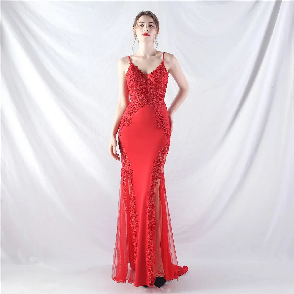 Appliques Party Evening Dress Sexy Slit Evening Dress Women Long Prom Dress