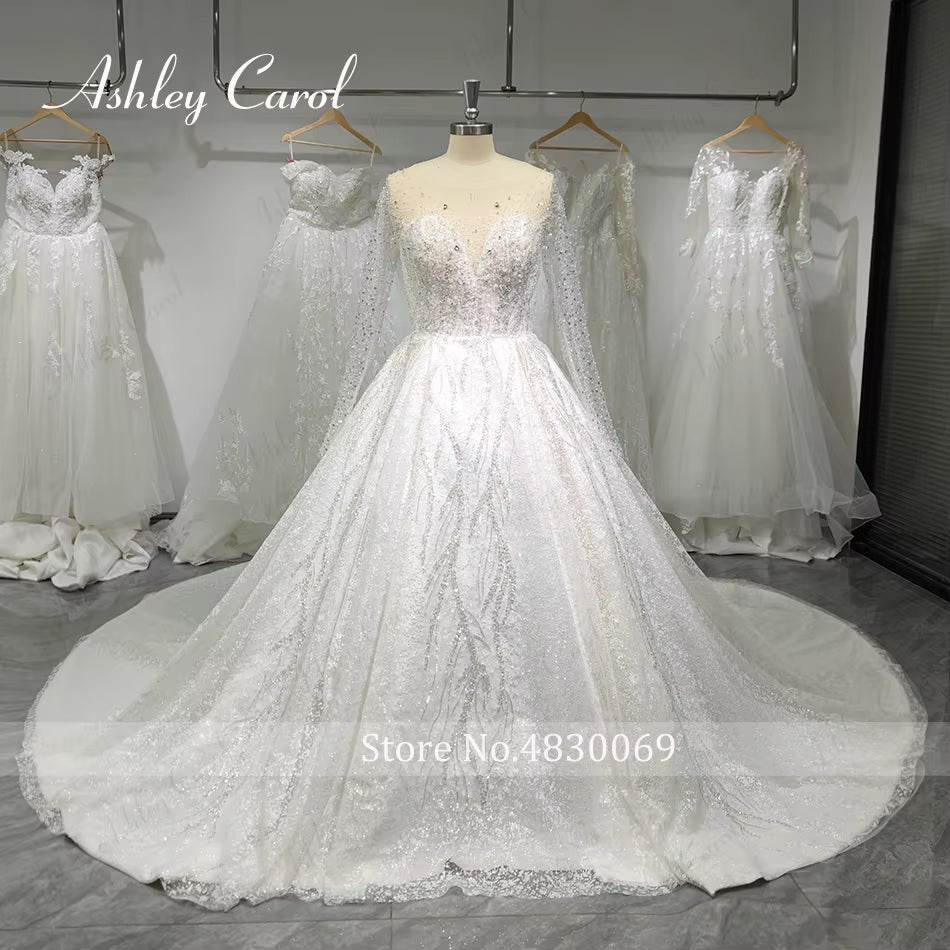 Luxury Wedding Dresses for Women Real Photos Long Sleeve Princess Sparkling Beaded Bridal Dress Vestidos De Novia