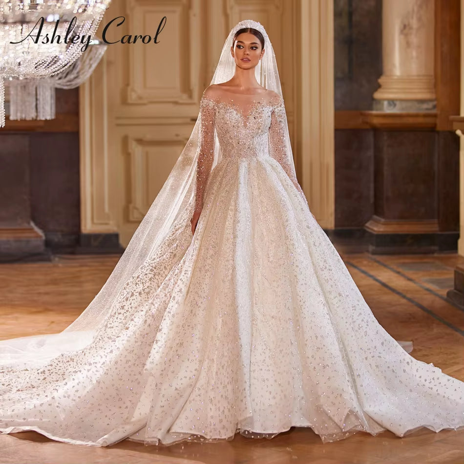 Luxury Wedding Dresses for Women Real Photos Long Sleeve Princess Sparkling Beaded Bridal Dress Vestidos De Novia