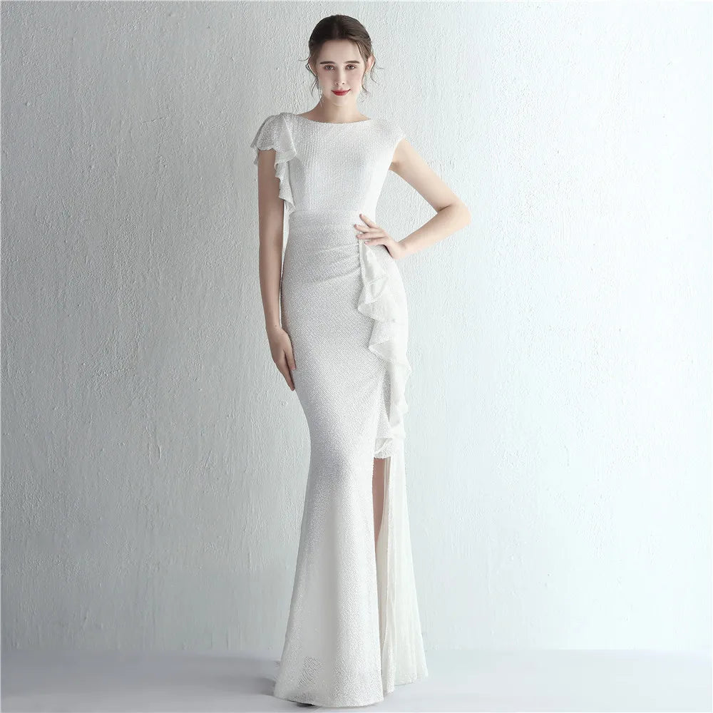 Elegant Gold Sequin Dress Women Ruffles Short Sleeve Evening Dress Party Maxi Dress Long Prom Dress 19228