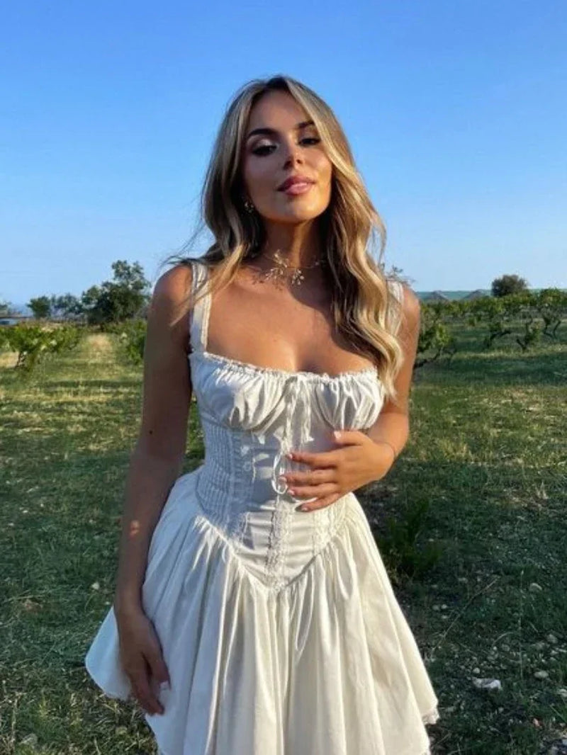 Mingmingxi Sexy Spaghetti Strap Corset Dress Elegant Fluffy Party Dresses Slim a Line Lace up Dress Cotton Women Clothing