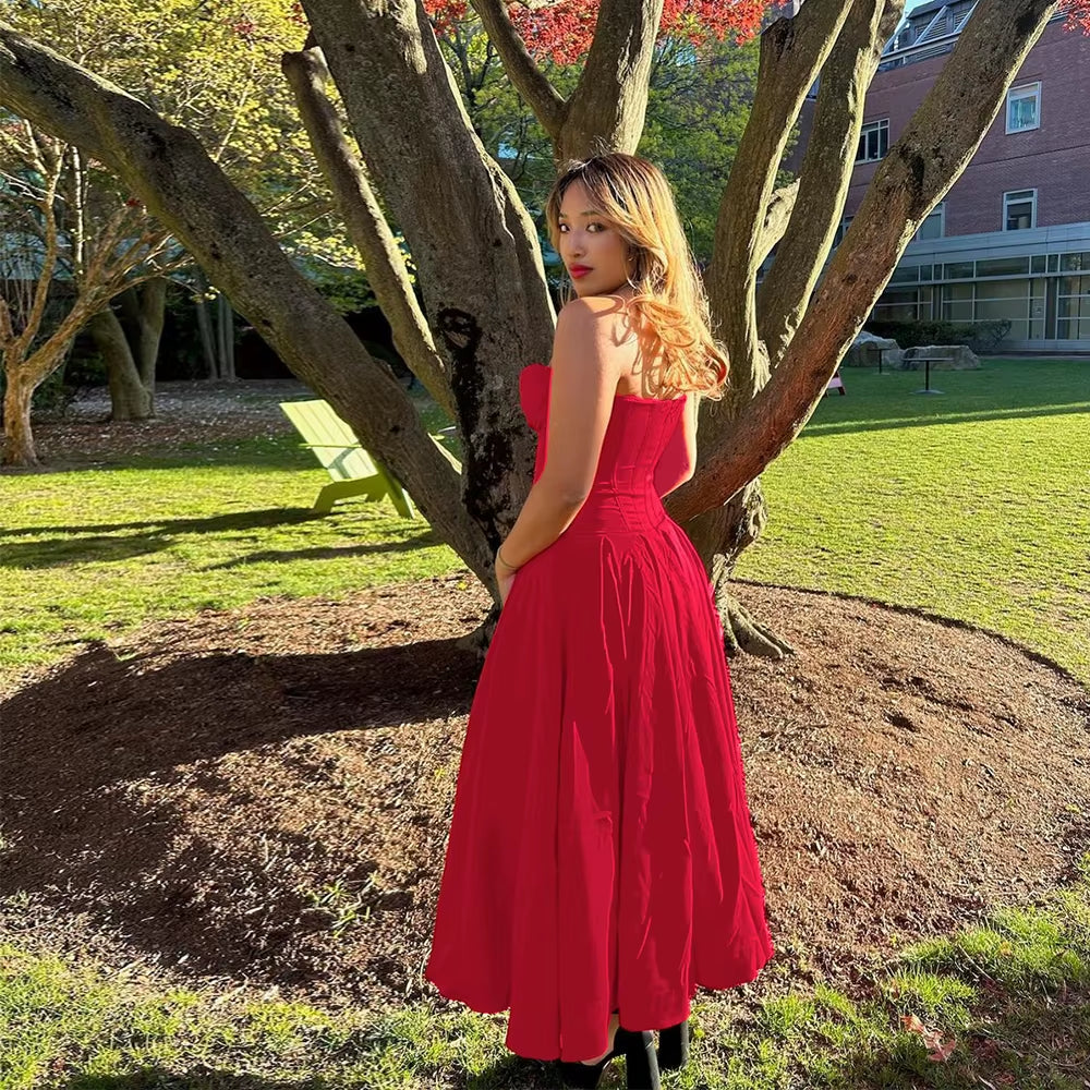 Summer Formal Occasion Strapless Dress Sexy Elegant Fit and Flare Birthday Party Dresses Red Women'S Clothing