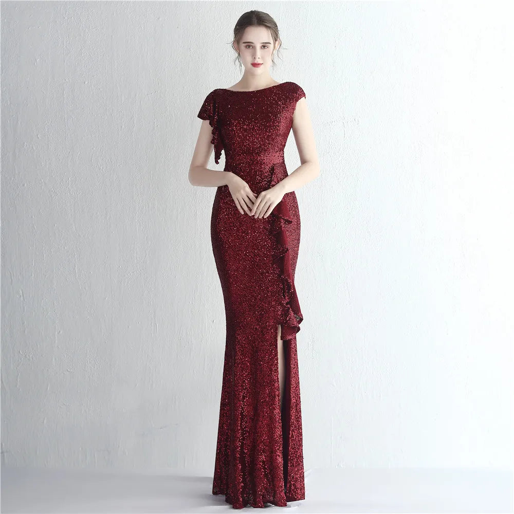 Elegant Gold Sequin Dress Women Ruffles Short Sleeve Evening Dress Party Maxi Dress Long Prom Dress 19228