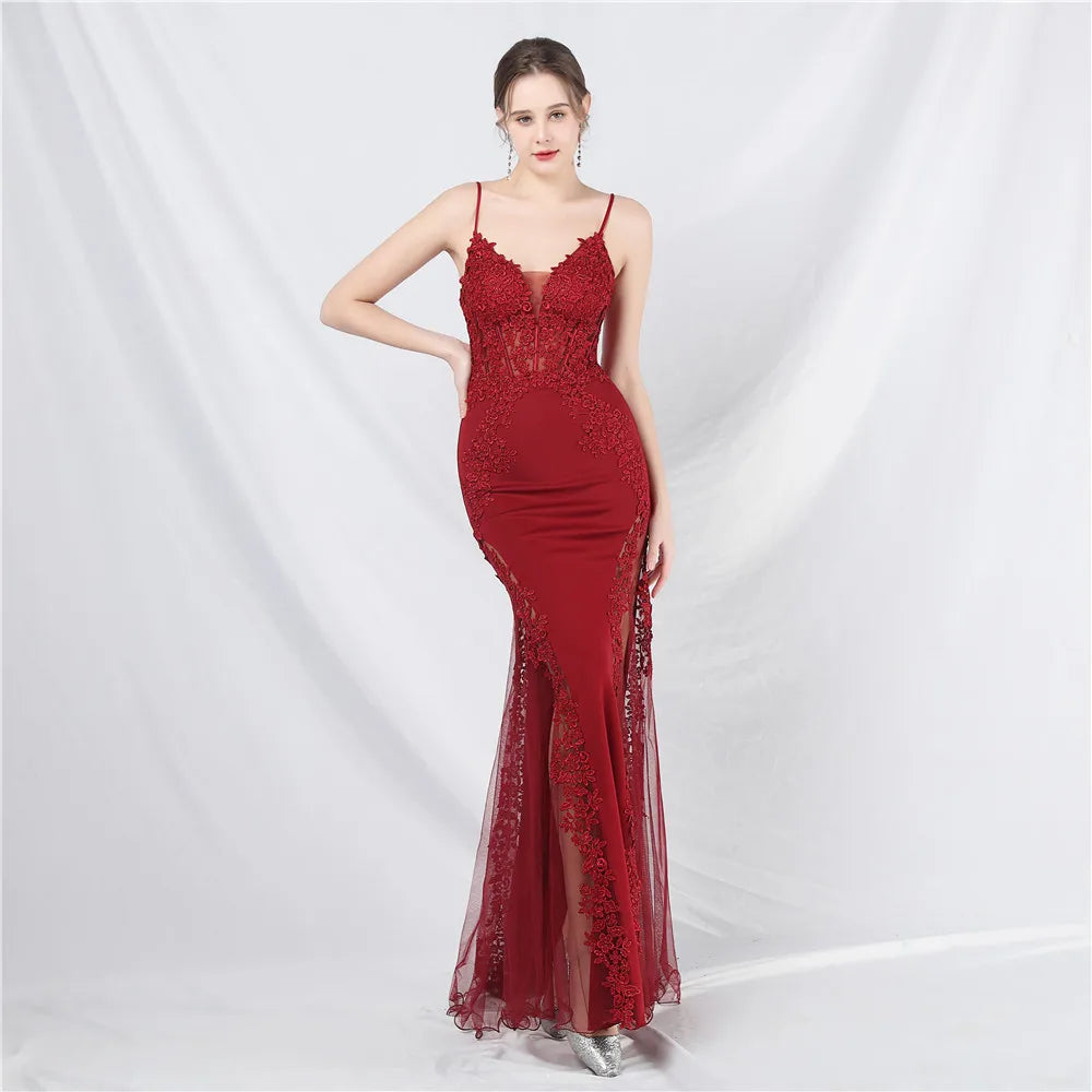 Appliques Party Evening Dress Sexy Slit Evening Dress Women Long Prom Dress