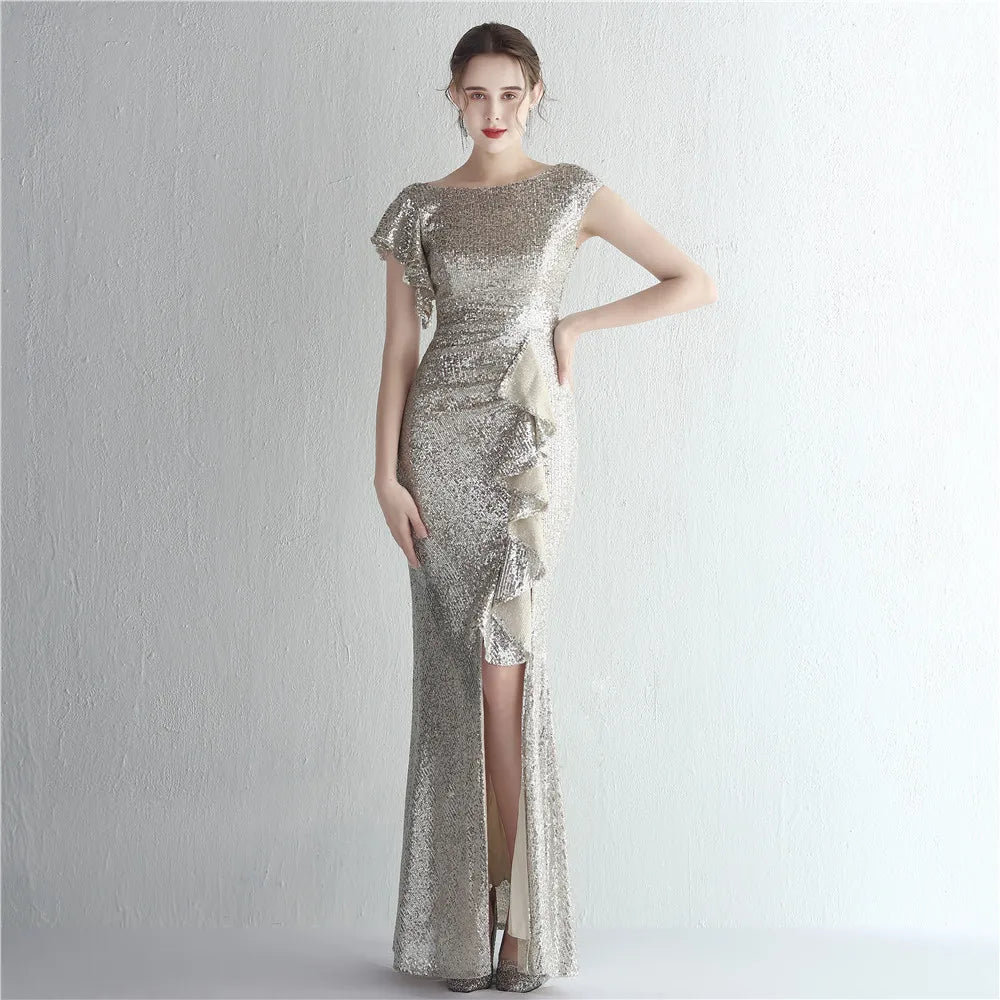 Elegant Gold Sequin Dress Women Ruffles Short Sleeve Evening Dress Party Maxi Dress Long Prom Dress 19228