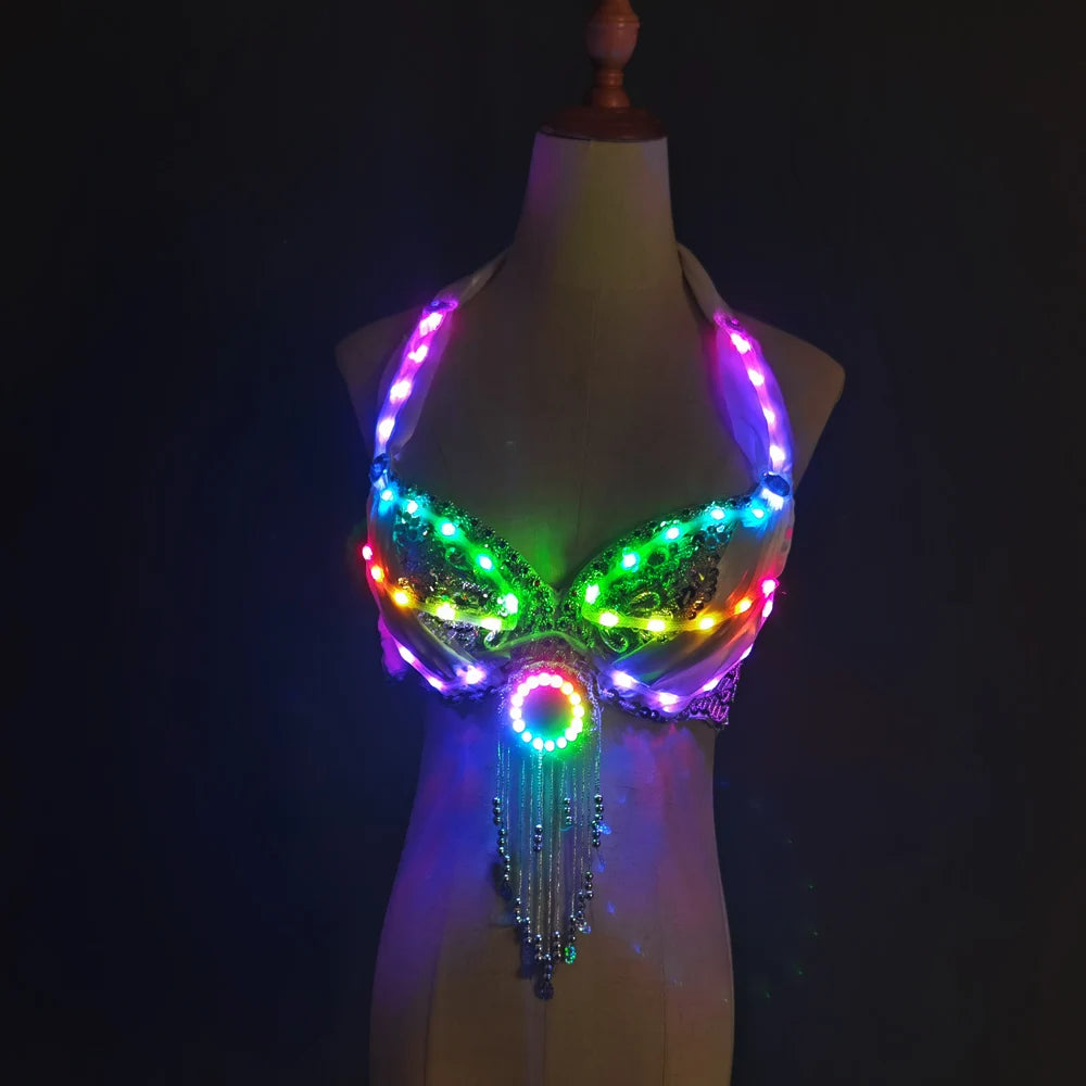 LED Color Lights Women Belly Dance Split Skirt Sexy Professional Bellydance Training Clothes Dancing Costumes