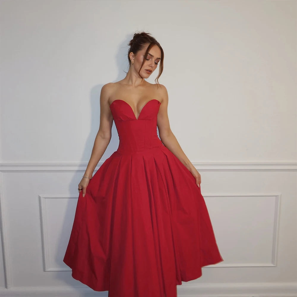 Summer Formal Occasion Strapless Dress Sexy Elegant Fit and Flare Birthday Party Dresses Red Women'S Clothing