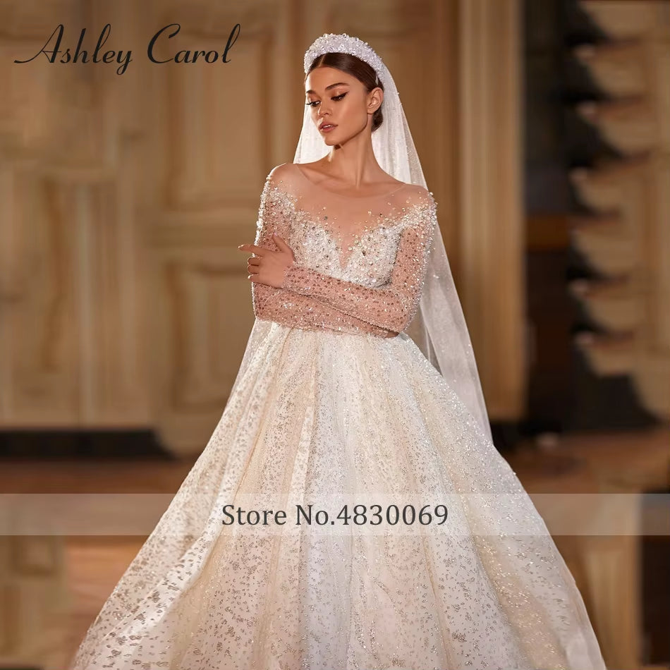 Luxury Wedding Dresses for Women Real Photos Long Sleeve Princess Sparkling Beaded Bridal Dress Vestidos De Novia