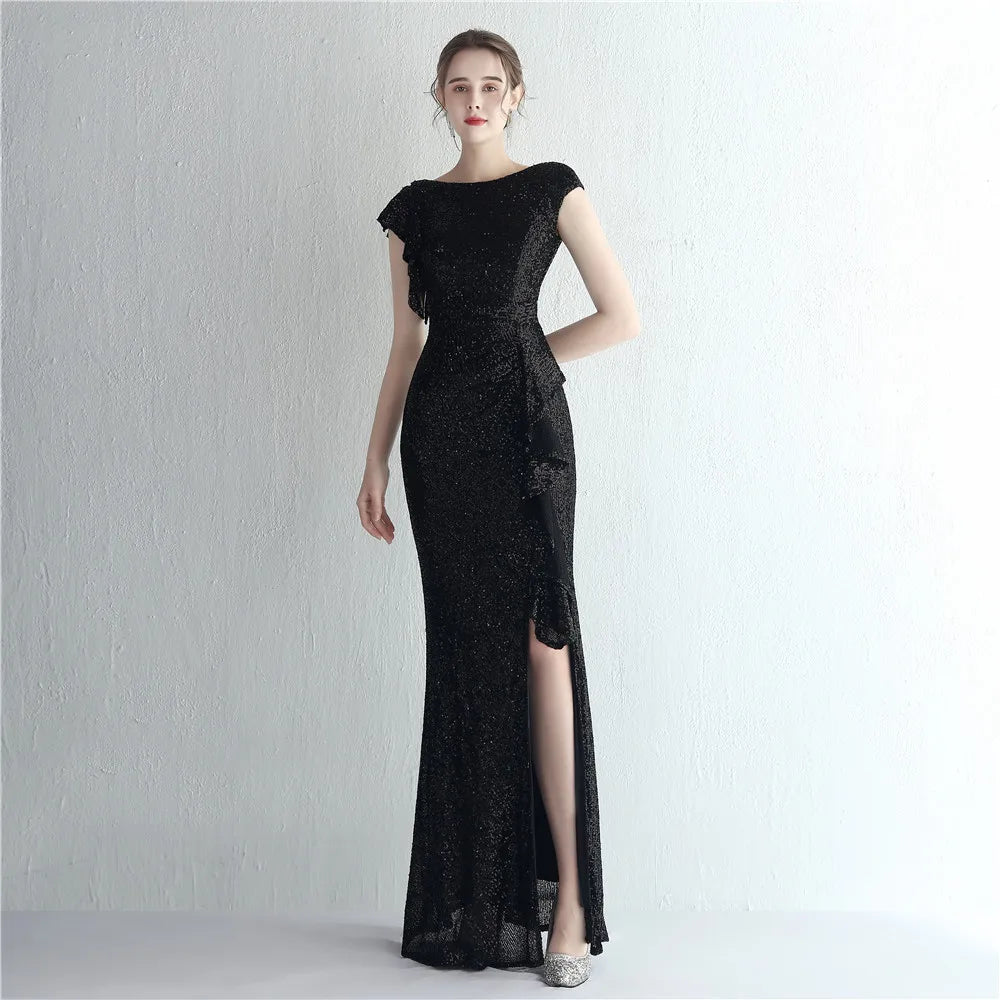 Elegant Gold Sequin Dress Women Ruffles Short Sleeve Evening Dress Party Maxi Dress Long Prom Dress 19228