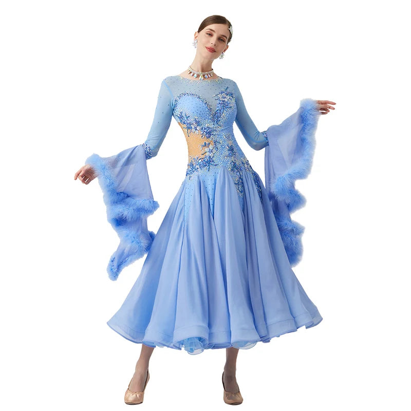 B-23151 Women Modern Dance Rhinestone Color Diversity Dress Ballroom National Standard Waltz Competition Performance